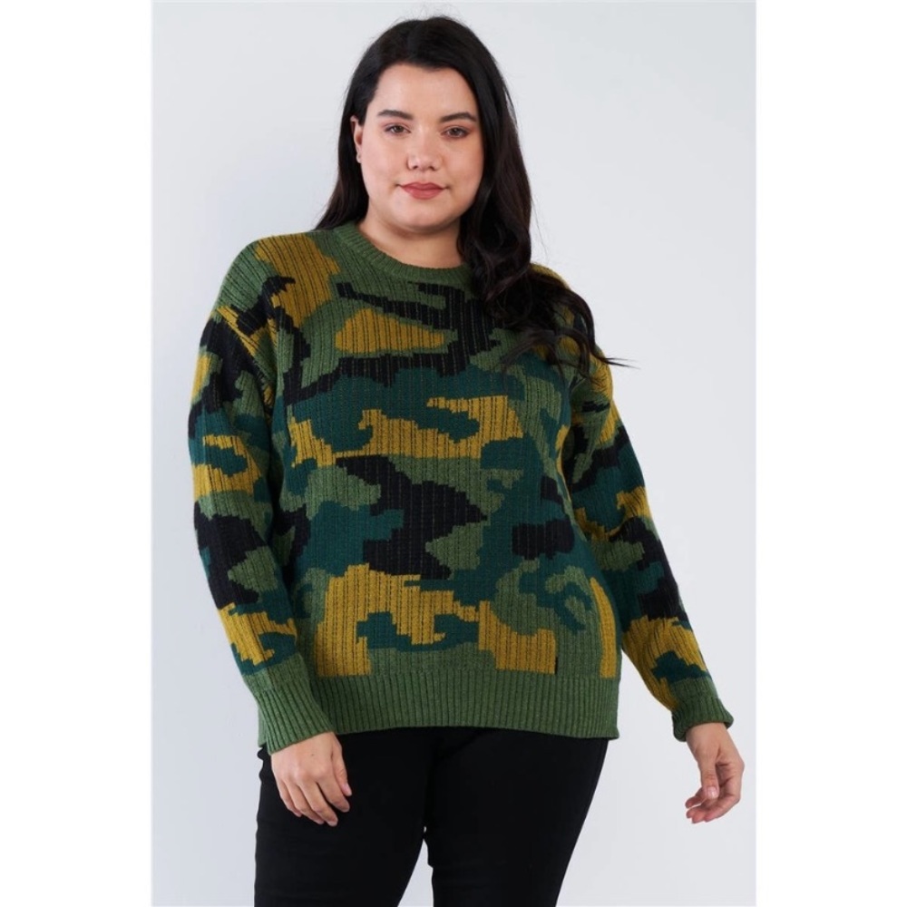 Gilli Green, Black & Mustard Camo Crewneck Sweater OX , 1X , 2X